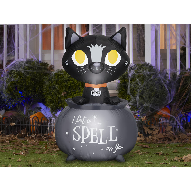 Bright White Inflatable Halloween Cat in Cauldron Decoration
