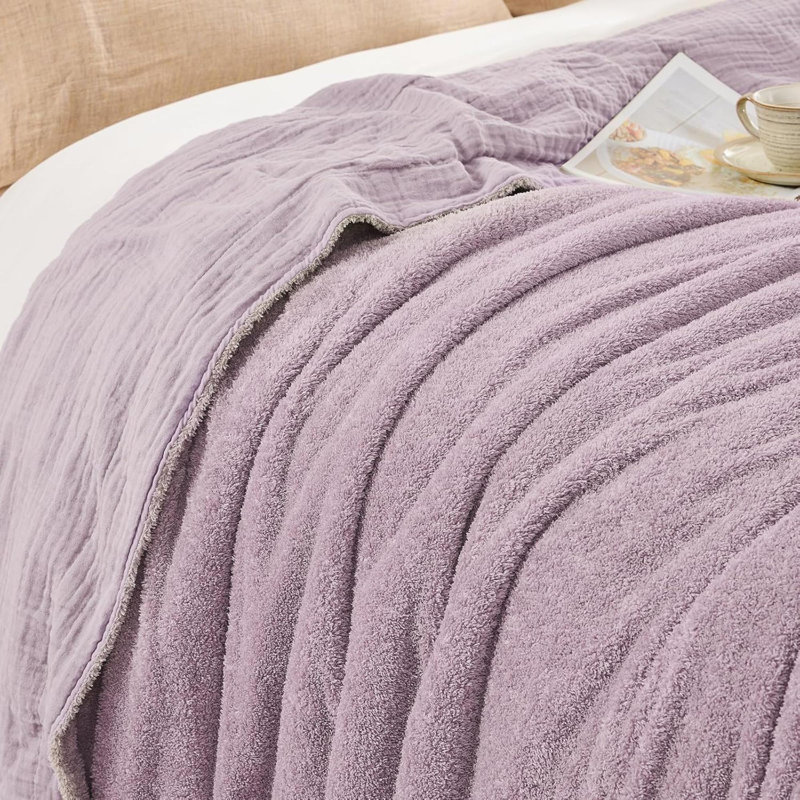 Grand réversible en molleton de coton mousseline - jeté chaud et doux pour lit de pique-nique 80 po x 90 po, Lavande