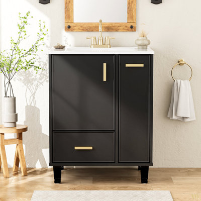 Meuble-lavabo 24 po avec lavabo, armoire de salle de bain avec tablette de porte, tiroir profond, panier coulissant à 2 niveaux, structure en bois massif et panneau de fibres à densité moyenne, un paquet