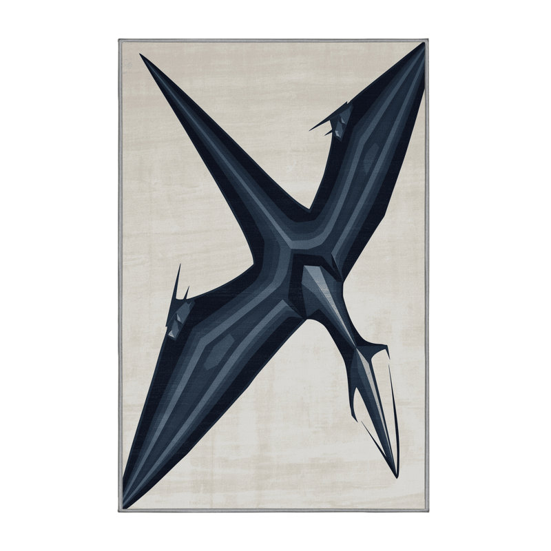 Machine Washable Osazee Pteranodon Art Deco Arc Rug in Gray – Gray Binding, 2x5