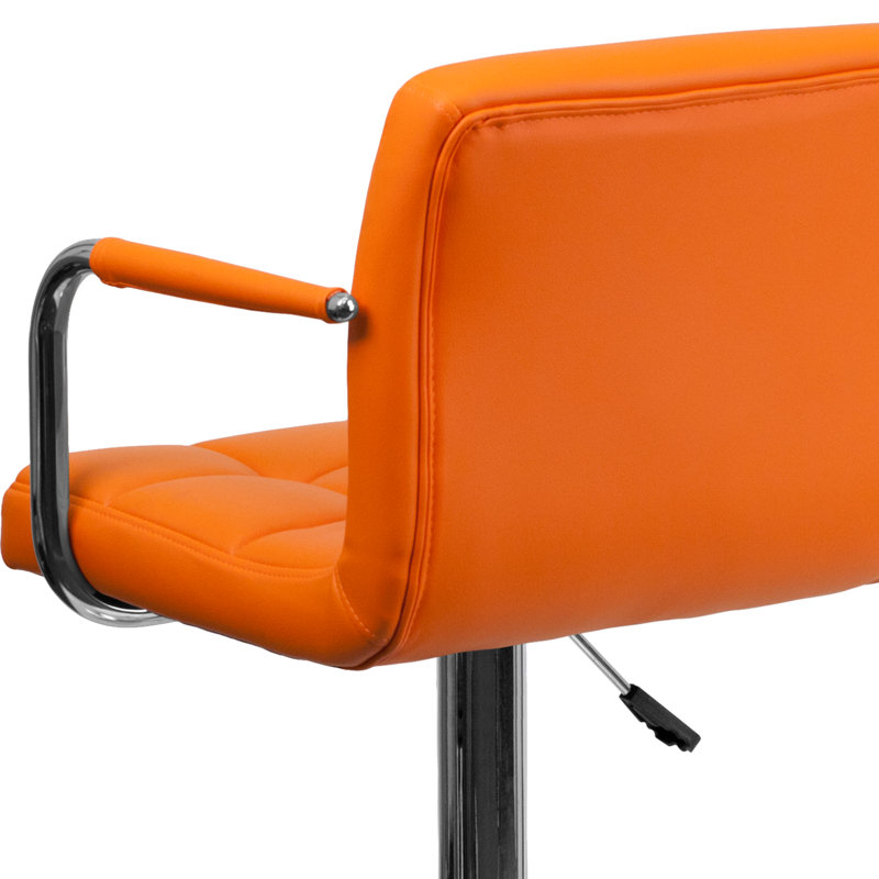 Contemporary Orange Quilted Vinyl Adjustable Swivel Barstool with Chrome Base