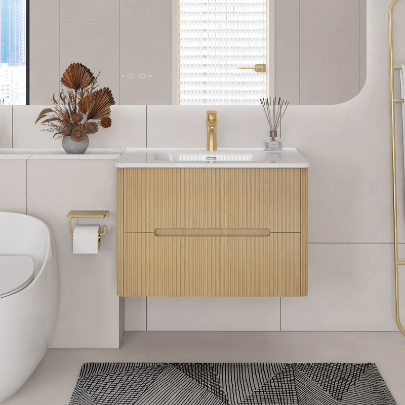 30 po X P 18 po P 20 po Meuble-lavabo mural simple H avec comptoir en céramique blanche, Chêne clair