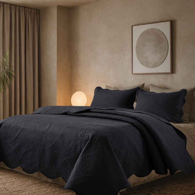Ensemble de couvre-lit matelassé en microfibre à motif floral, Grand couvre-lit / couvre-lit + 2 taies d'oreiller, Noir