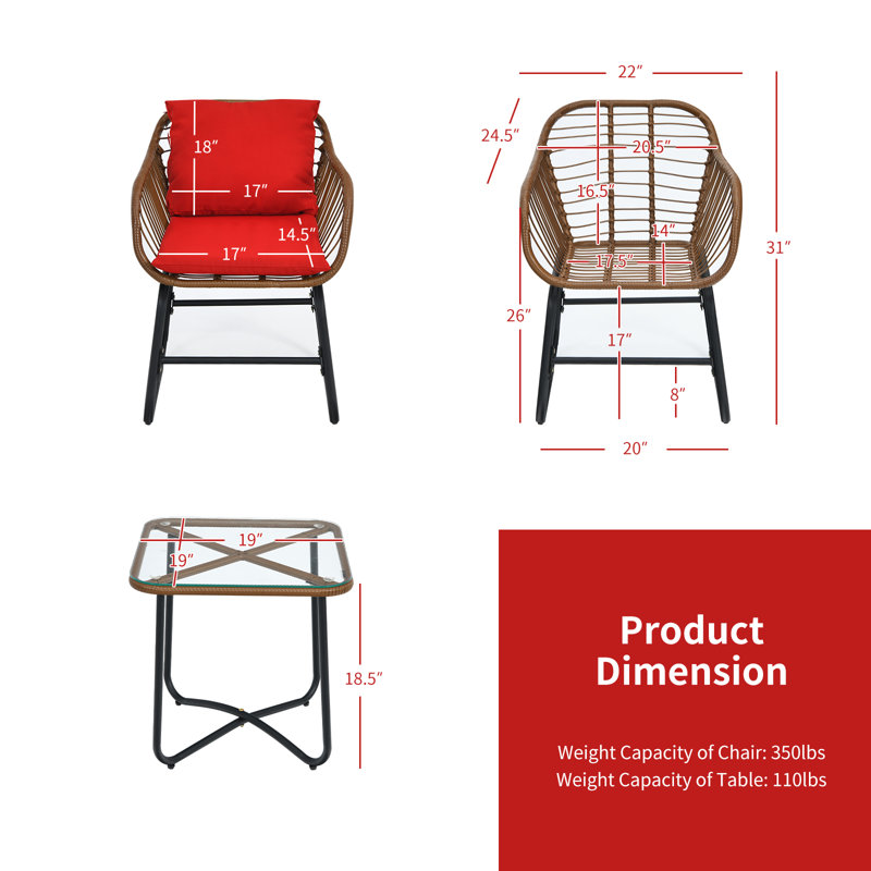 Artis Beachcrest Home? 3pcs Outdoor Bistro Set Patio Conversation Furniture Set W/ Cushions, Red