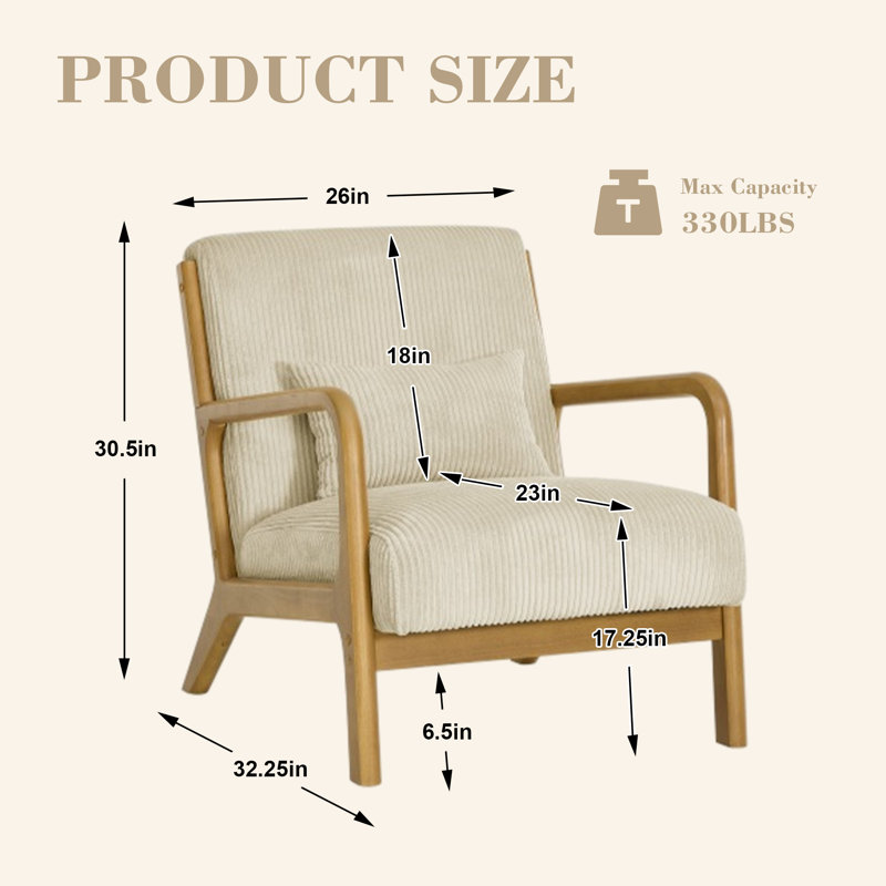 Chaise d'appoint moderne rembourrée en velours côtelé beige avec coussin et coussin, Beige, Naturel