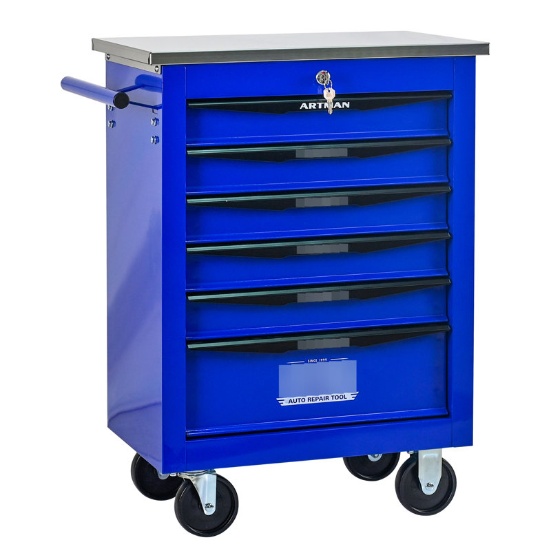 Chariot à outils 6 tiroirs pour le garage, chariot roulant en métal avec roues, noir et bleu, verrouillage par clé, chariot multifonctionnel à roulement, tiroirs verrouillables avec rangement bleu, surface en acier lisse