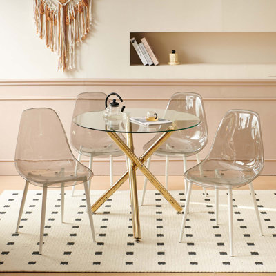 Ensemble de salle à manger 1 + 4,5 pièces, table de salle à manger à pieds en métal Mid-Century pour 4-6 personnes avec plateau en verre, table de salle à manger à piédestal, table basse de loisirs