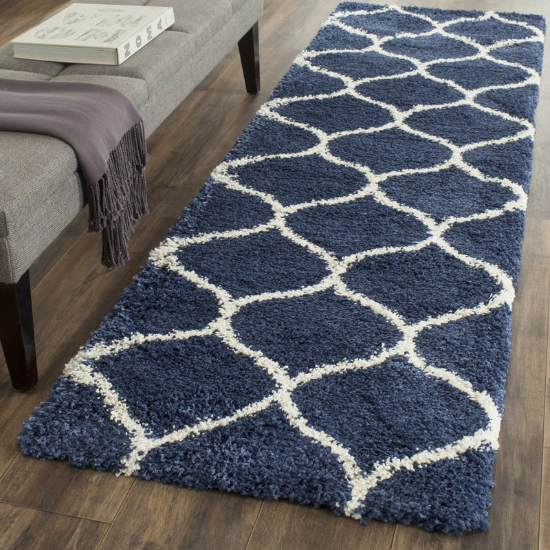 Darrold Shag Performance Geometric Rug, Runner 2'3" x 22', Navy/Ivory