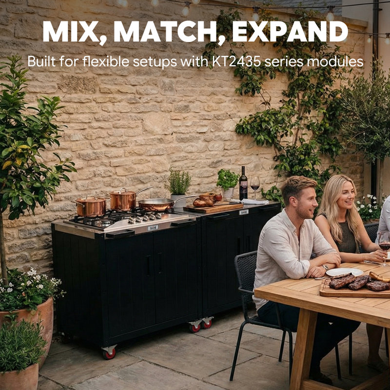Îlot de cuisine mobile d'extérieur avec poêle à gaz 5 brûleurs, table de préparation en acier inoxydable et rangement fermé FEASTO