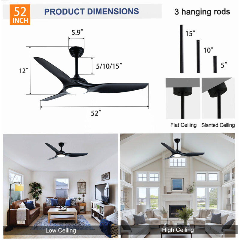 Ventilateurs de plafond modernes d'inspiration hélice avec lumières avec moteur à courant continu réversible silencieux et télécommande, noir mat