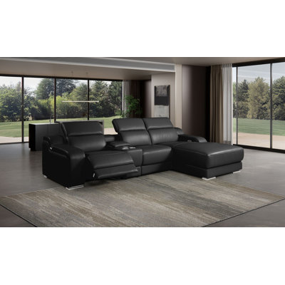 Canapé modulaire en cuir italien 4 pièces Skyline noir Skyline faisant face à la droite avec 1 fauteuil inclinable et appuis-tête réglables