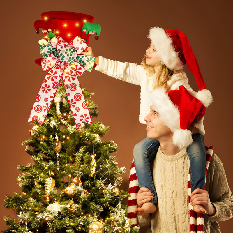 Uanit Christmas Tree Topper Hat, Elf Legs Xmas Tree Toppers Large Red Velvet Hat Lengthened Bowknot Christmas Tree Ornaments Christmas Holiday Home De