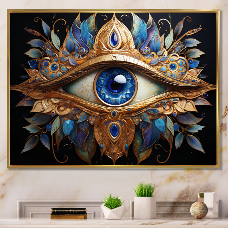 «Kokoro Judaism Hamsa Blessings Eye II», reproduction, H 34 po x l 44 po x P 1,5 po, Cadre flottant doré