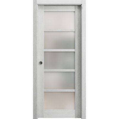 Porte coulissante à galandage avec vitrage dépoli Quadro 4002, finitions chêne gris pâle, quincaillerie et rail inclus, bois massif, pour chambre à coucher, portes robustes - 81 cm x 203 cm