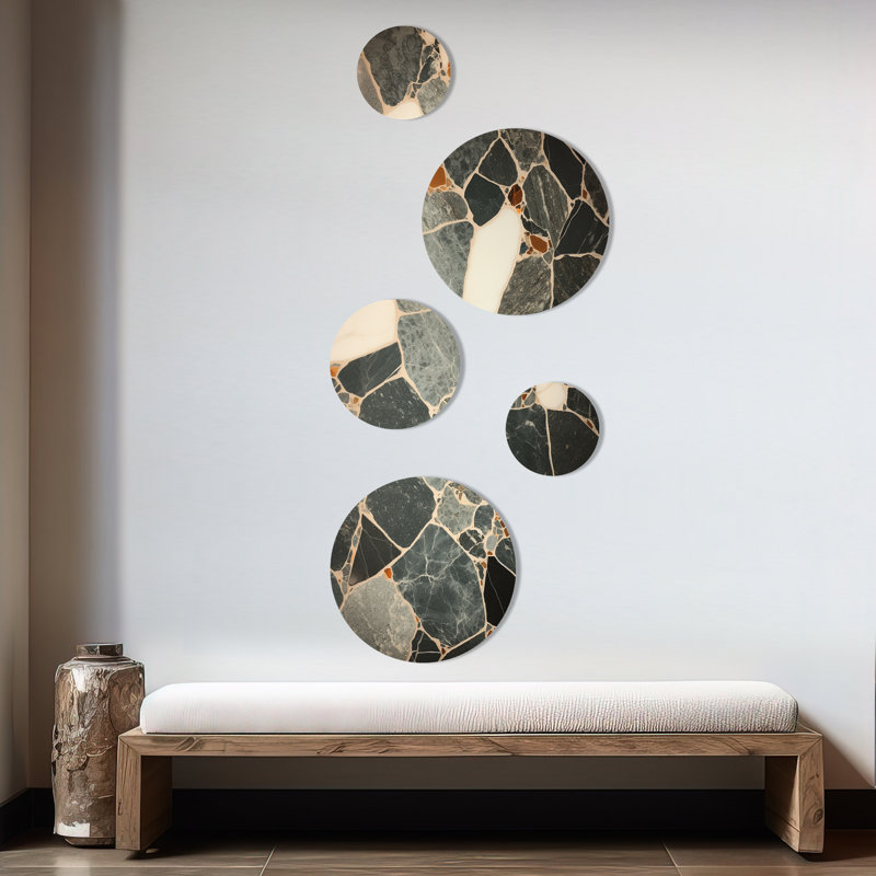 «Gray Abstract Harmony In Tiles I», ensemble de 5 tuiles abstraites rondes