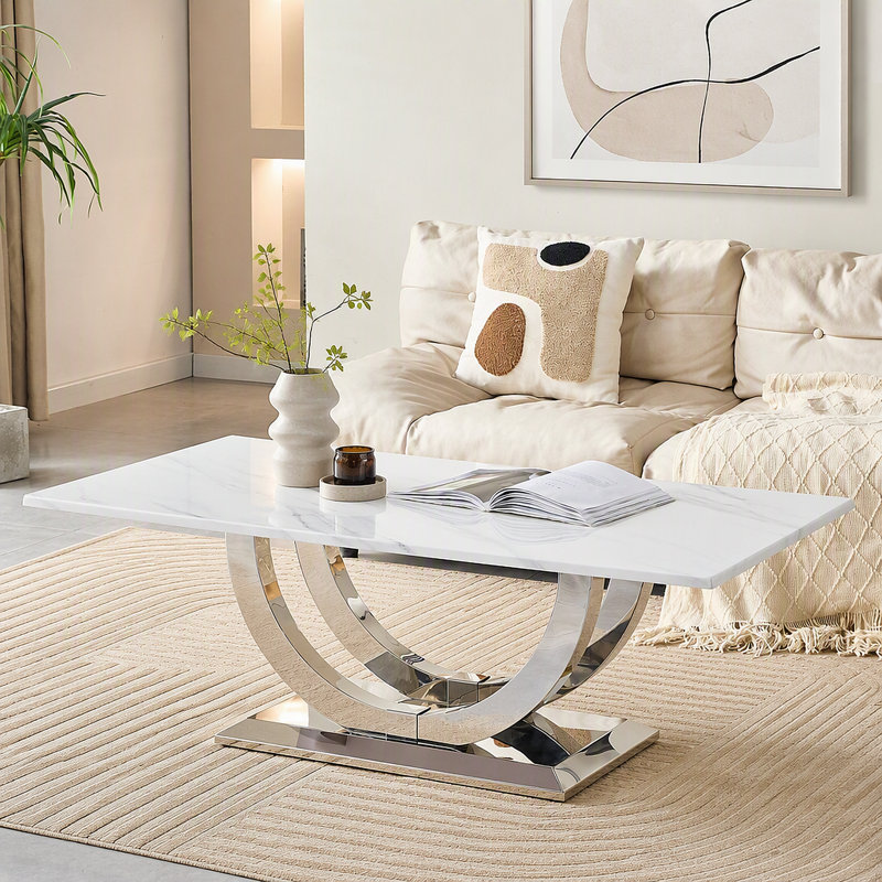 Table basse rectangulaire moderne de 50,4 pouces, plateau en panneau de fibres à densité moyenne à motif marbré, base en acier inoxydable argenté.