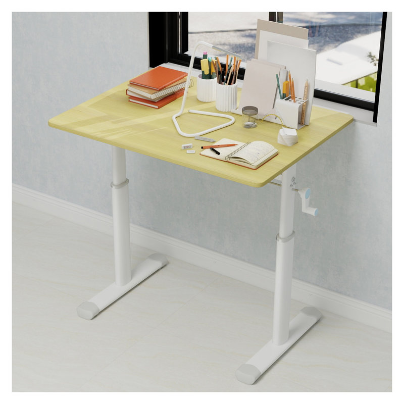 Bureau debout à hauteur ajustable - Bureau à hauteur réglable à manivelle, bureau d'ordinateur ergonomique compact avec plateau en bois naturel, cadre blanc (60 cm x 80 cm) - Convient aux adultes et aux enfants