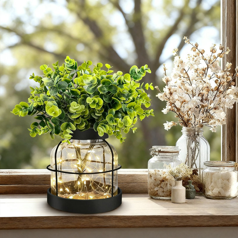 Vase rustique en verre rustique avec eucalyptus artificiel et lumières, (noir), Noir