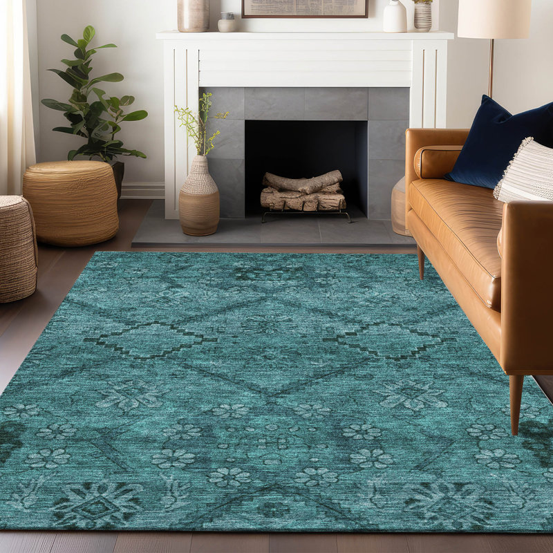 Premium Machine Washable Prisco Teal Rug, Rectangle 5' x 7'6"