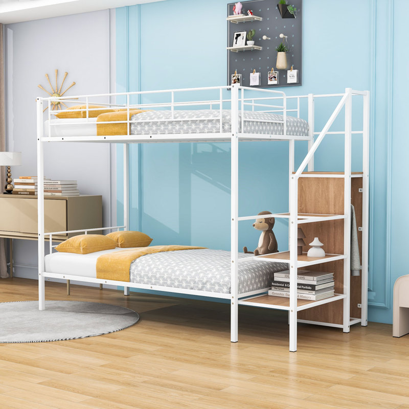 Metal Bunk Bed With Storage Wardrobe And Staircase, Twin over Twin, White