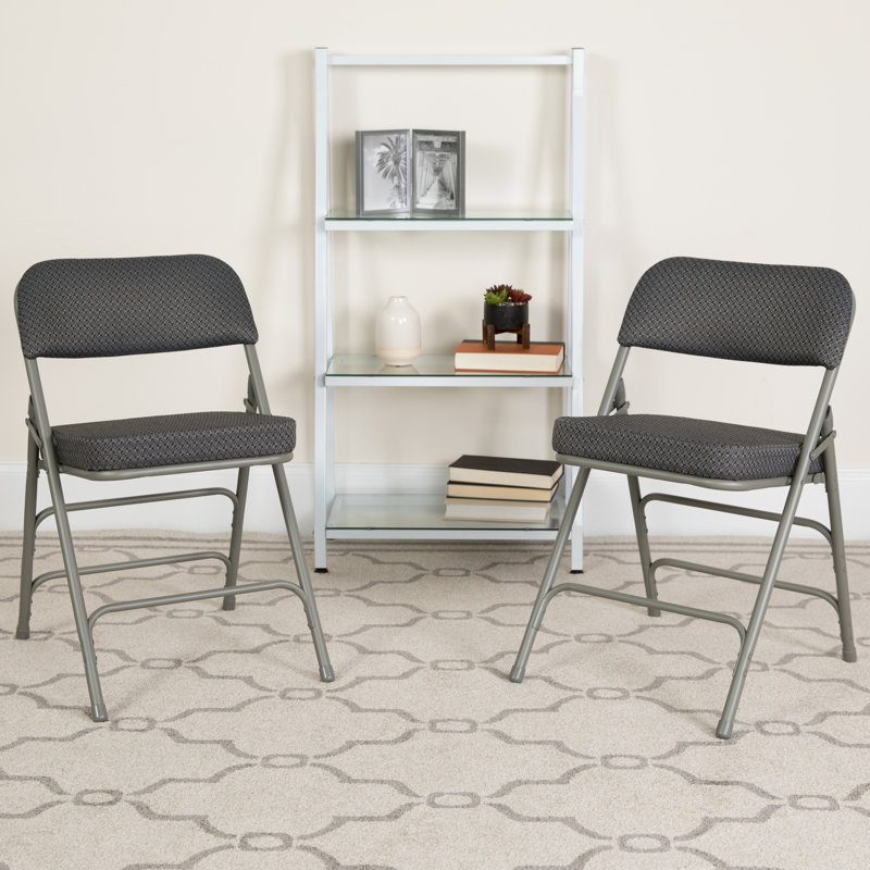 Premium Curved Triple Braced & Double Hinged Fabric Upholstered Metal Folding Chair, Black/Grey
