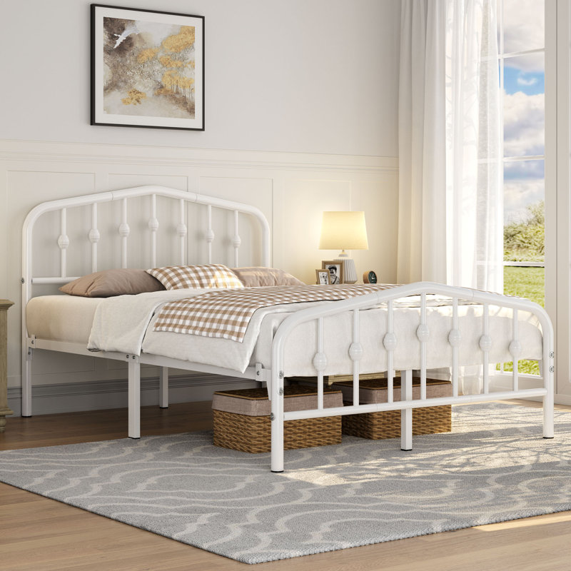 Metal Bed with Arched Headboard and Footboard, White, Double (4'6)