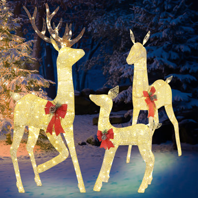 3-Piece Lighted Reindeer Family Decoration Set With 360 LED Lights And Ground Stakes For Holiday Decor