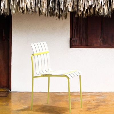 Striped Color Block 4 - Pack Chairs With Metal And Waterproof Pp For Outdoor Balcony , Cream White & Grain Yellow Modern Block, Seat Legs Indoor/Outdoor Dining,