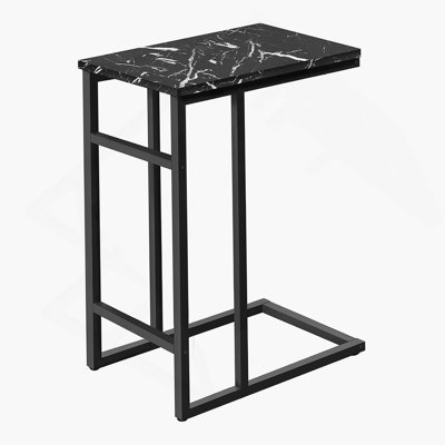Accent Table, C-Shaped, End, Side, Snack, Black Marble Look Laminate, Black Metal