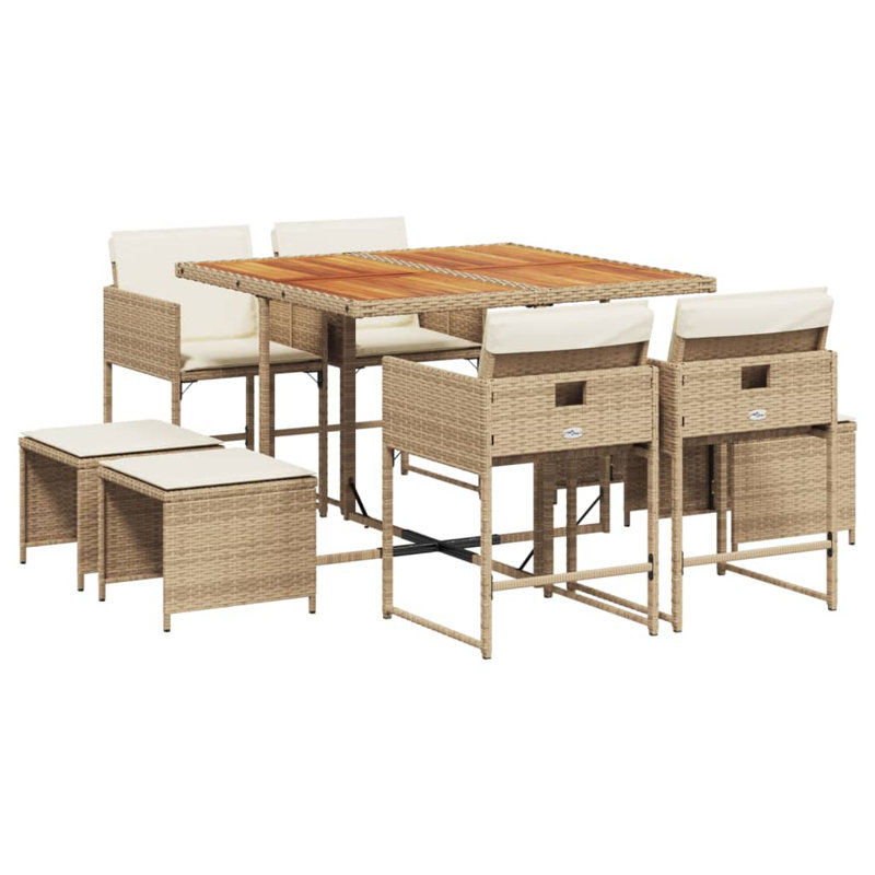  Ensemble de salle à manger de jardin beige en PE rotin 8 places, conception cubique pliable, Blanc, crème, Beige