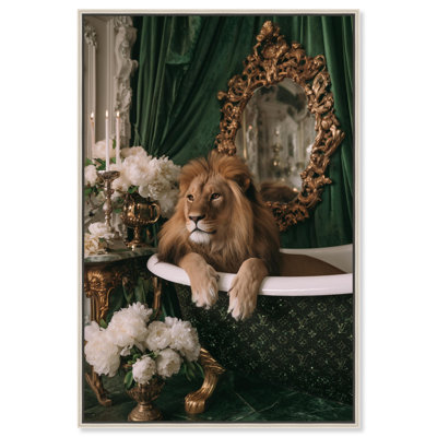 «Elegant Sparkling Bath Lion», impression sur toile encadrée par Art Remedy, cadre argenté, 36 x 54