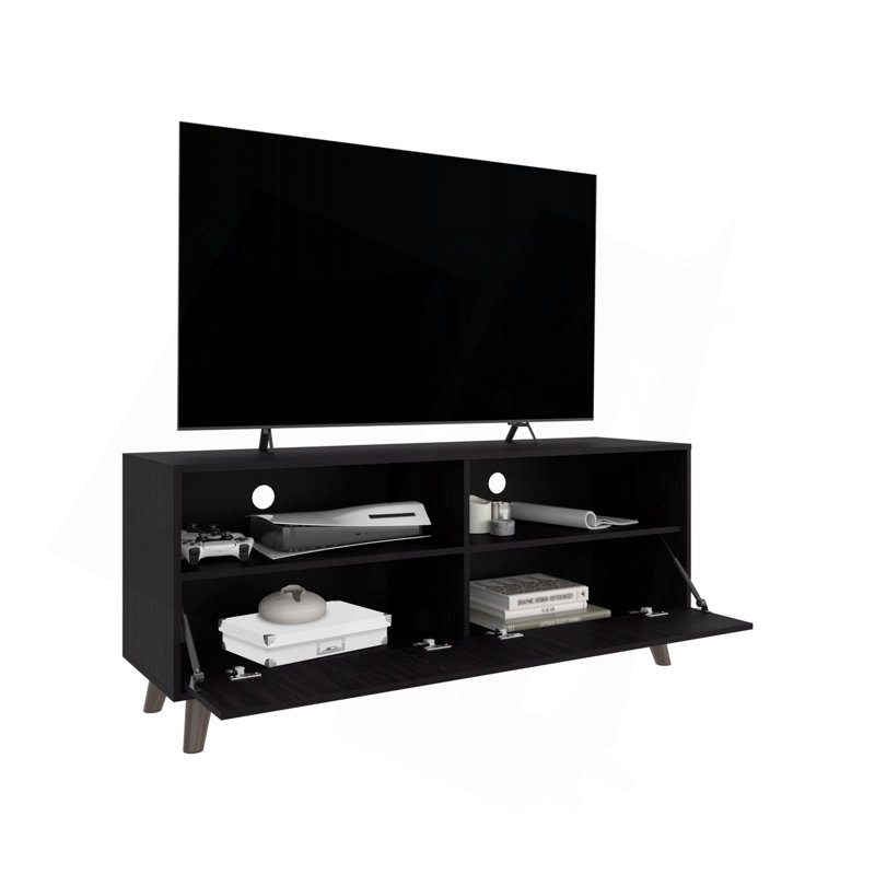 Meuble télé Patrick avec 2 portes et tablettes de rangement ouvertes, centre de divertissement moderne, noir