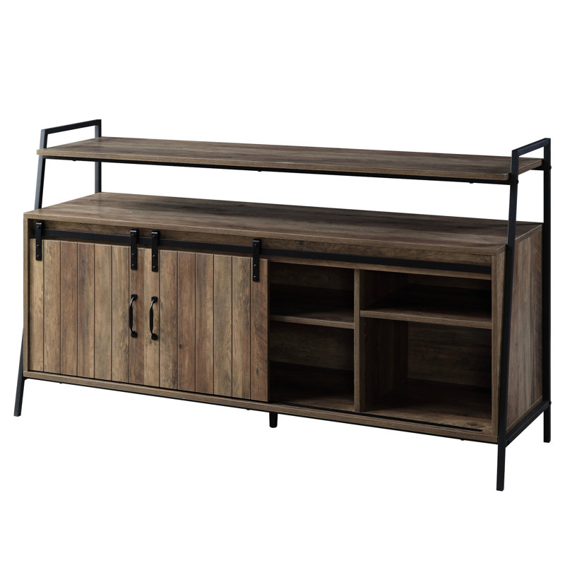 Meuble télé rustique avec porte de grange coulissante en chêne et noir, convient aux meubles de style industriel moderne de 58 pouces