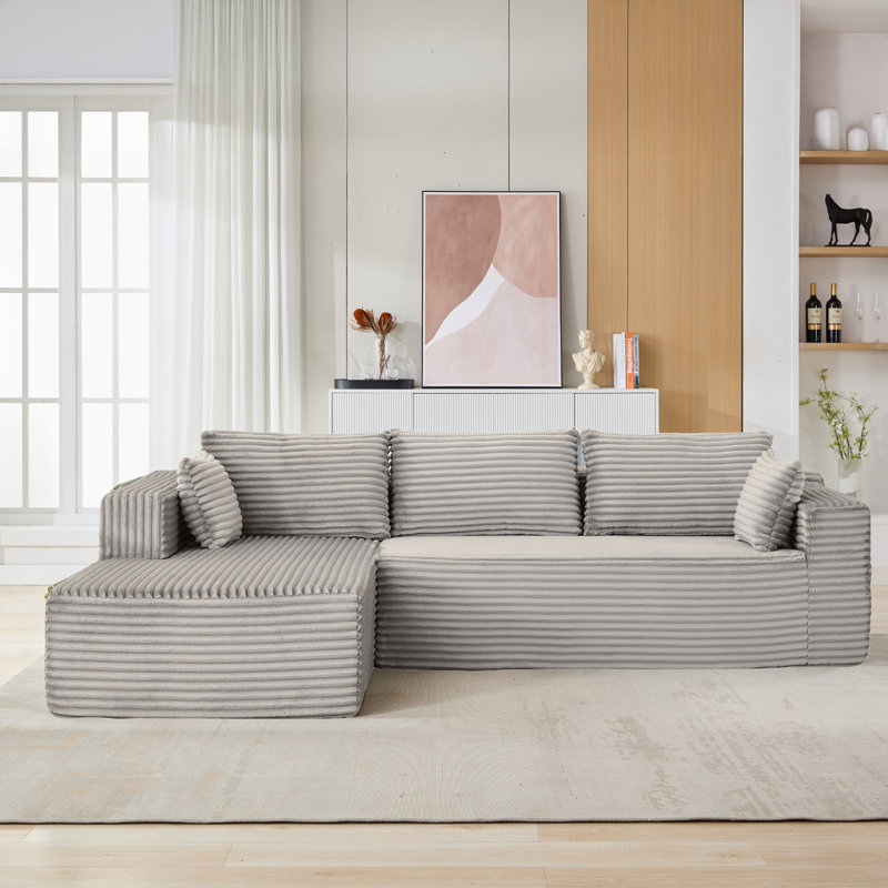 110" Modular Sectional Sofa No Assembly, Compression L-Shape Floor Sectional Couch with Chaise, Gray Corduroy