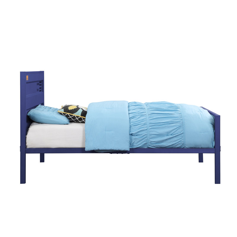 Lit simple à panneau avec finition bleu marine, structure en métal, panneaux rectangulaires encastrés en forme de bac à billes, aspect bac, 21 lattes, aucun sommier requis, pieds à profil bas, pieds, plaque de fer 25 x 50 mm, charge de 330 lb