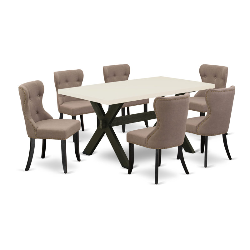 Ensemble de salle à manger 7 pièces composé d'une table de salle à manger rectangulaire avec pieds en X et 6 chaises Parson rembourrées en tissu de lin, noir brossé