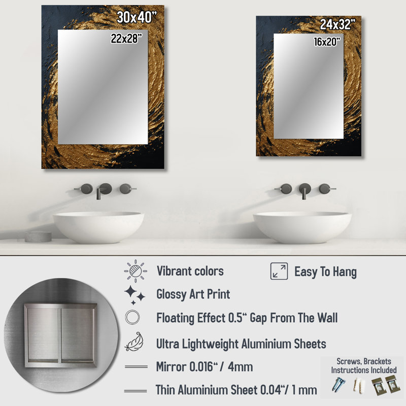 Gold and black abstract spiral smphony - Abstract Spirals Mirror, Gold Unique Wall Mirror, Printed Metal Art, 32" x 24"