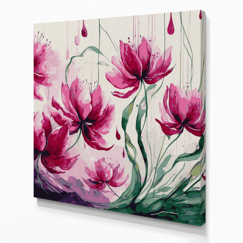 Art mural sur toile beige botanique fuchsia, H 12 po x l 12 po