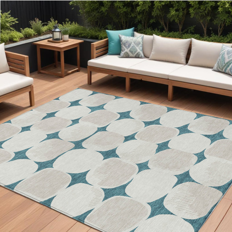 Tapis d'extérieur lavable abstrait bleu sarcelle 8 pi x 10 pi bleu sarcelle et ivoire