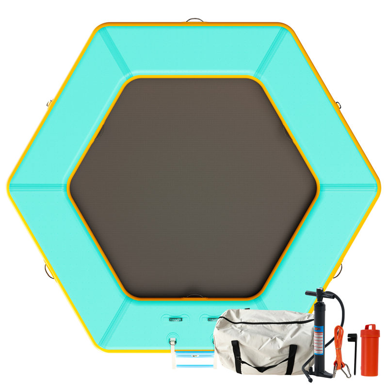 10 FT Hexagonal Floating Ring Inflatable Water Hammock with Soft Ladder, Heavy Duty Lake Raft for Pool and Lake, Inflatable Raft Fits Multiple People for Summer Party, Mint Green+Black