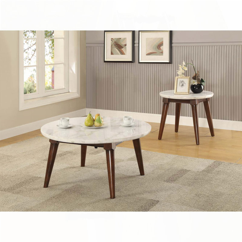 Table basse ronde à plateau en marbre blanc avec pieds fuselés en noyer