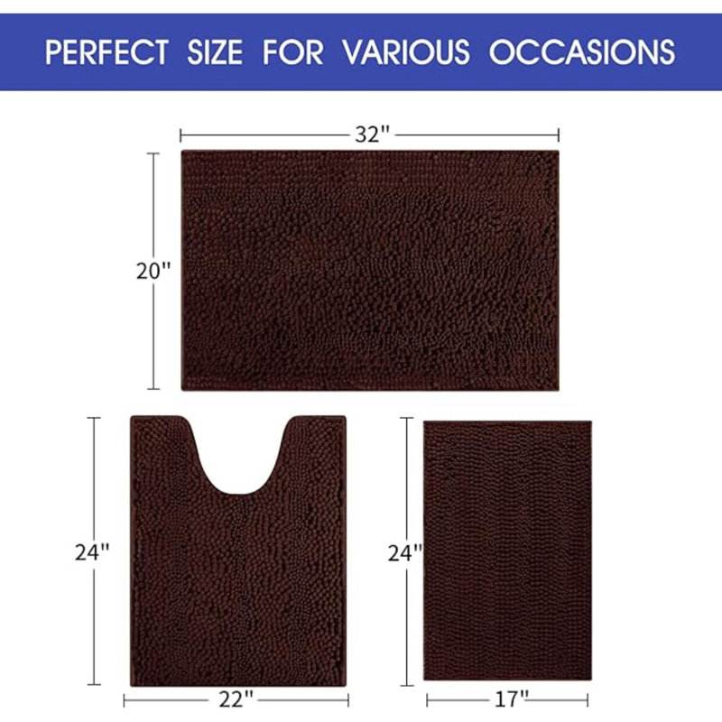 Striped Bathroom Rug Set 3 Pieces Ultra Soft, Non Slip Chenille Toilet Mat, Absorbent Plush Shaggy Bath Mats For Bathroom, Bedroom, Kitchen