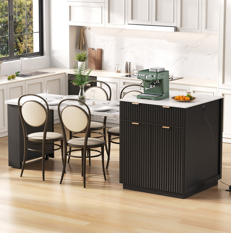 82.6" Fluted Kitchen Island with Extendable Dining Table for 4-6, Island Table for Kitchen with Power Outlet, Kitchen Table with Double-Side Storage, 2 Drawers 2 Side Open Shelves, Black
