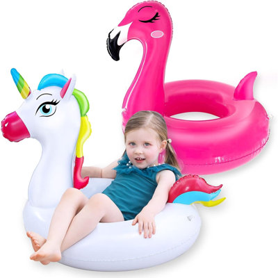 2 Pack Pool Floats For Kids Unicorn Flamingo Swim Ring Kids Pool Floaties Inflatable Swimming Pool Raft Party Water Toys For Age 2-5 Year Toddlers Gir