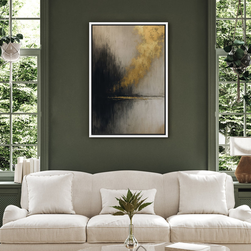 Impression sur toile encadrée noire, grise et dorée pour la décoration du salon, H 24 po x l 16 po, Blanc, Cadre flottant