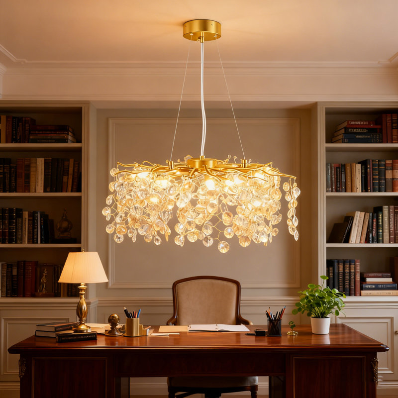 23.62" Modern Golden Branch Round Crystal Pendant, Sunflower Crystal, G9 Base, Excluding Light Bulb