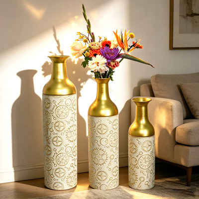 Ensemble de 3 vases décoratifs en métal, vases de sol antiques blancs et dorés à motif de feuilles, grands vases antiques blancs et dorés antiques pour la maison, décoration de salon