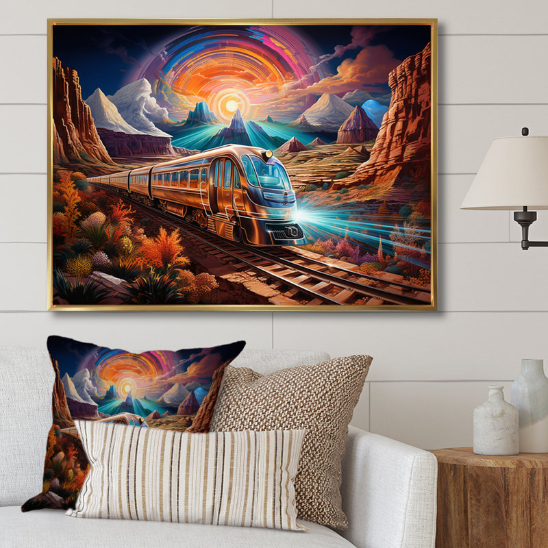 Train coloré du futur II sur toile, Cadre flottant doré, H 30 po x l 40 po x P 1,5 po