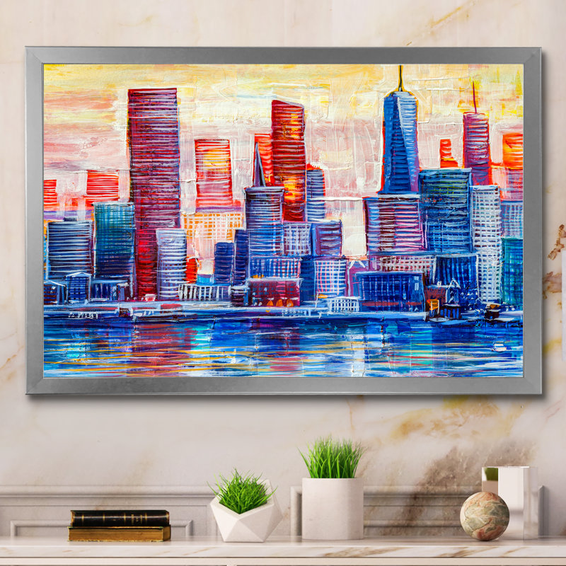 «Abstract Nyc Skyscrapers», peinture sur toile, H 8 po x l 12 po x P 1 po, Cadre photo argenté