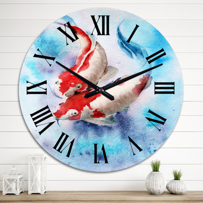 Deux poissons Koi. Taches rouges dans une eau bleue transparente - horloge murale nautique et côtière